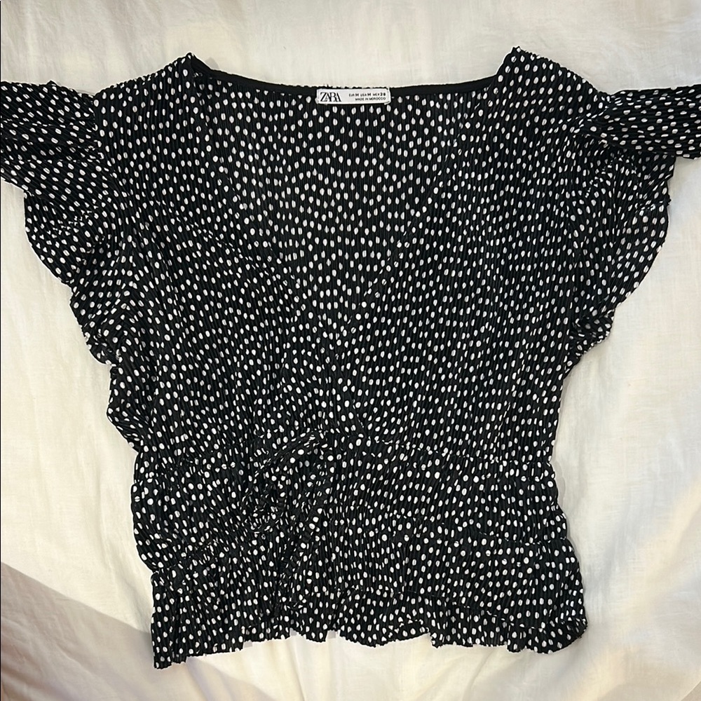 Zara Black and White Ruffled Smocked Blouse
